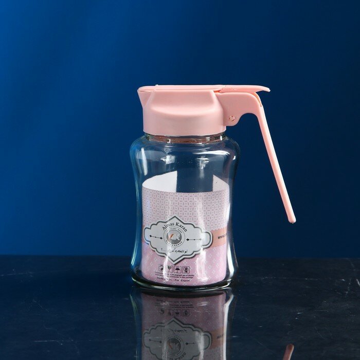 Банка стеклянная для сыпучих продуктов с дозатором "Настаран", крышка розовая, 300 мл, Иран - фотография № 1