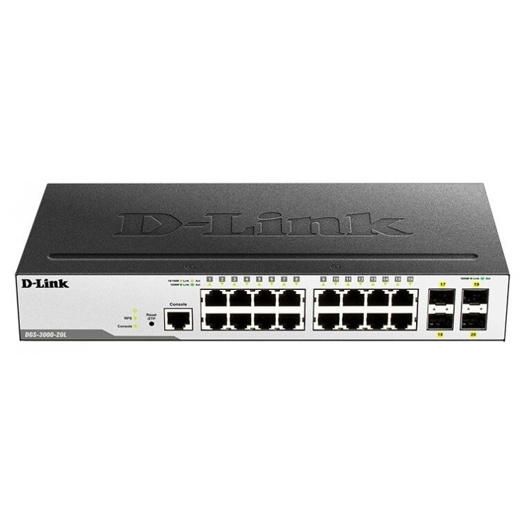 D-Link DGS-3000-20L/B1A Управляемый коммутатор 2 уровня с 16 портами 10/100/1000Base-T и 4 портами 1000Base-X SFP