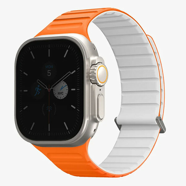 Ремень силиконовый Uniq REVIX EVO для Apple Watch 49/45/44/42MM оранжевый/белый (AMBER ORANGE/WHITE) 49MM-REVEAORGWHT