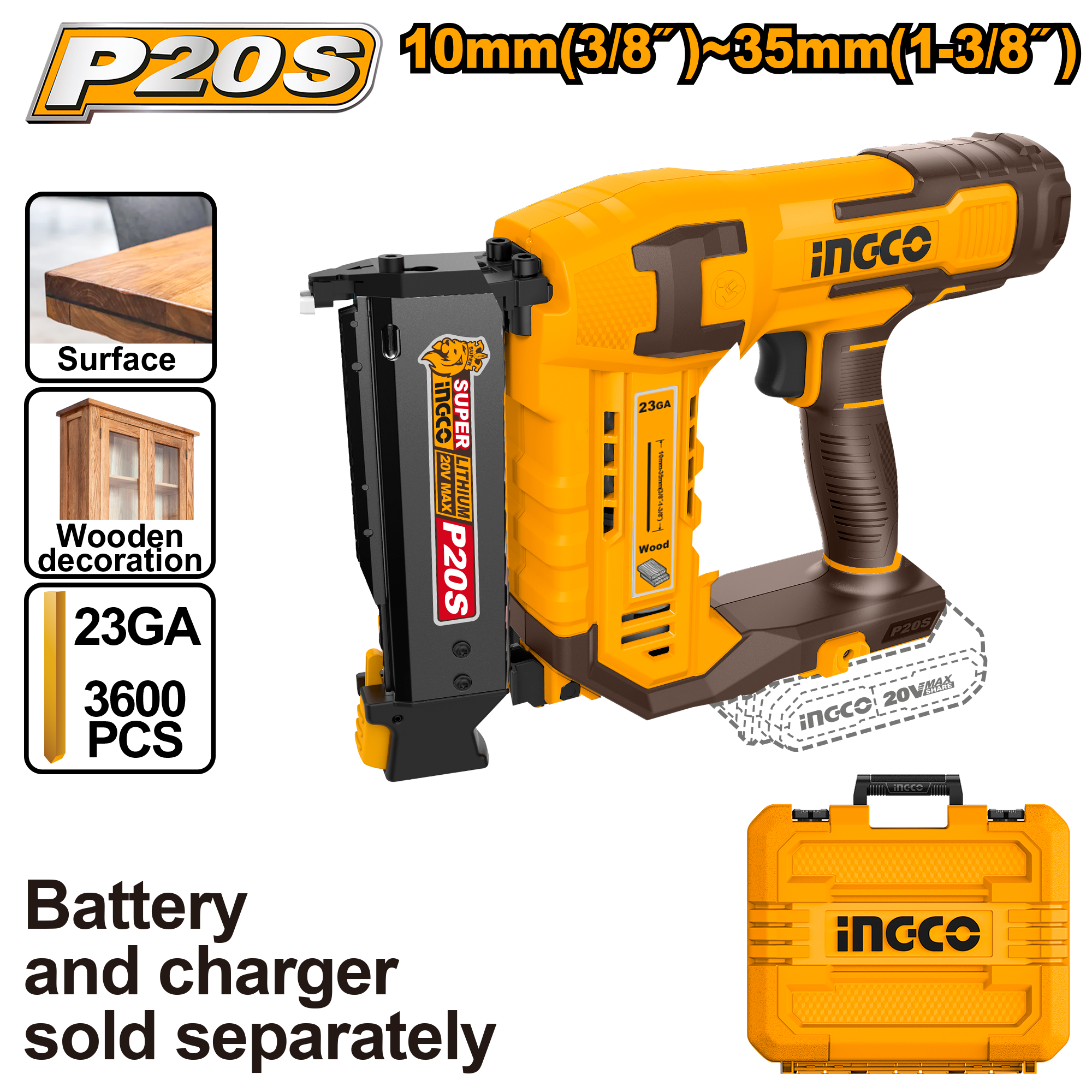 фото Аккумуляторный нейлер шпилькозабивной INGCO CBNLI3603 INDUSTRIAL 20 В 23GA