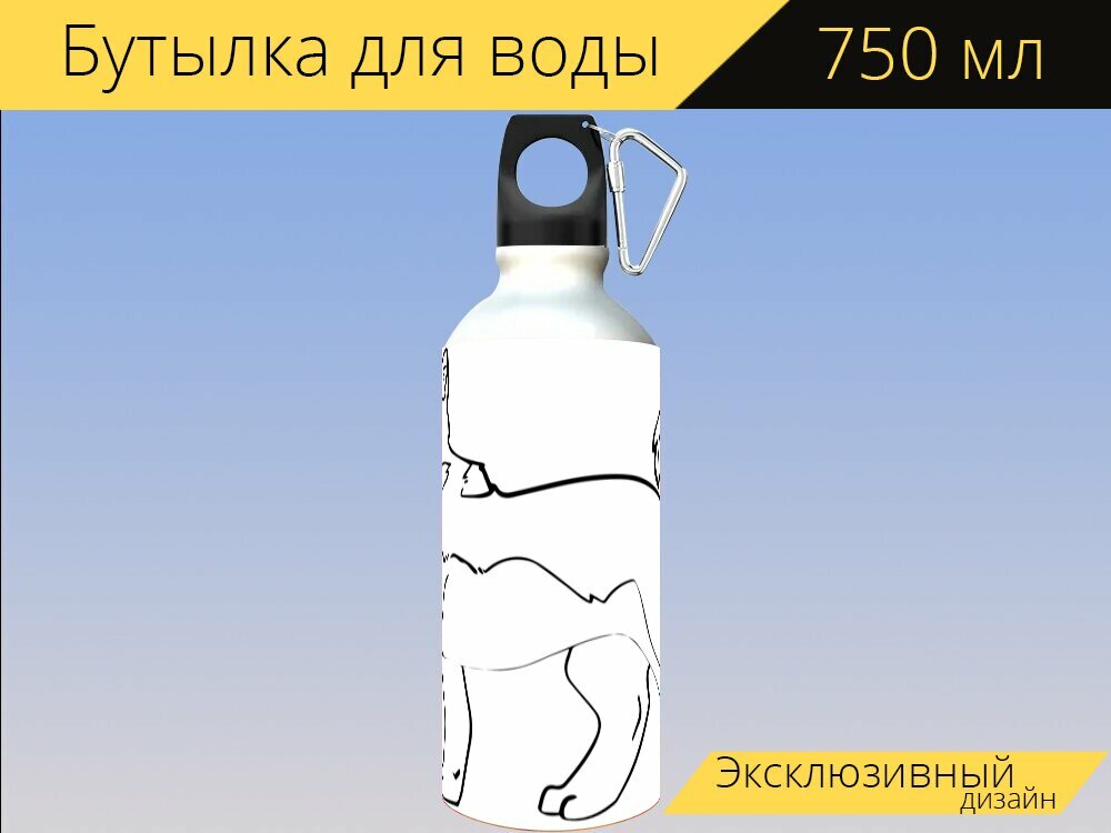 Бутылка фляга для воды "Собака, сибирский хаски, штриховая графика" 750 мл. с карабином и принтом