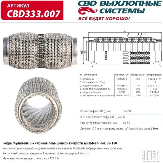 Гофра глушителя Cbd WireMesh-Flex 55-150 повышенной гибкости 333.007