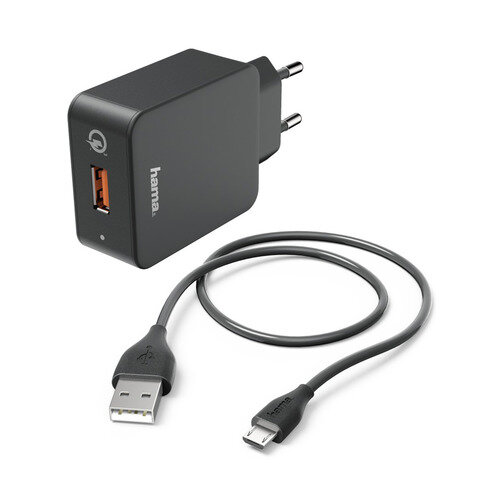 Сетевое зарядное устройство HAMA H-178336, USB, microUSB, 3A, черный [00178336]