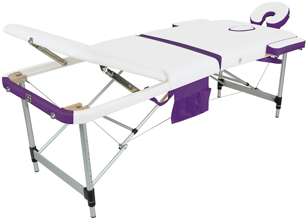 Массажный стол Мед-Мос JFAL01A, складной, аллюминиевый, 3-секционный, белый/фиолетовый, кушетка для массажа
