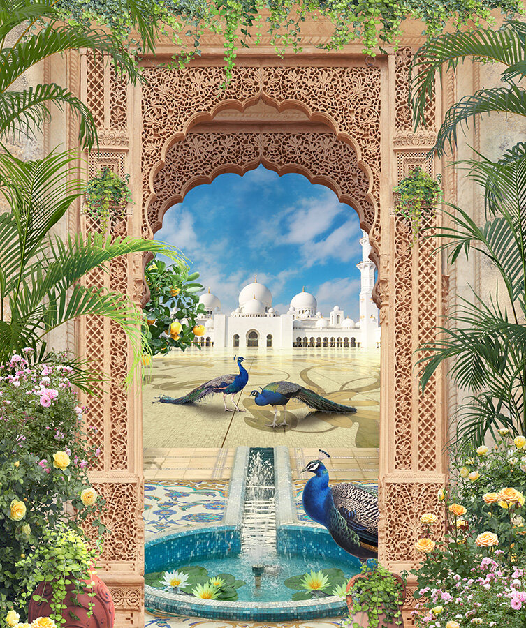 Фотообои Уютная стена "Вид на мечеть и павлинов через арку в восточном стиле" 230х270 см Виниловые Бесшовные (единым полотном) - фотография № 1