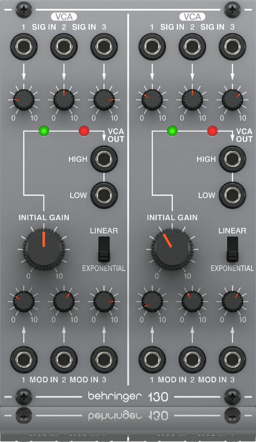 BEHRINGER 130 DUAL VCA двойной модуль VCA, 3 входа на каждом VCA, контроль усиления, формат Eurorack