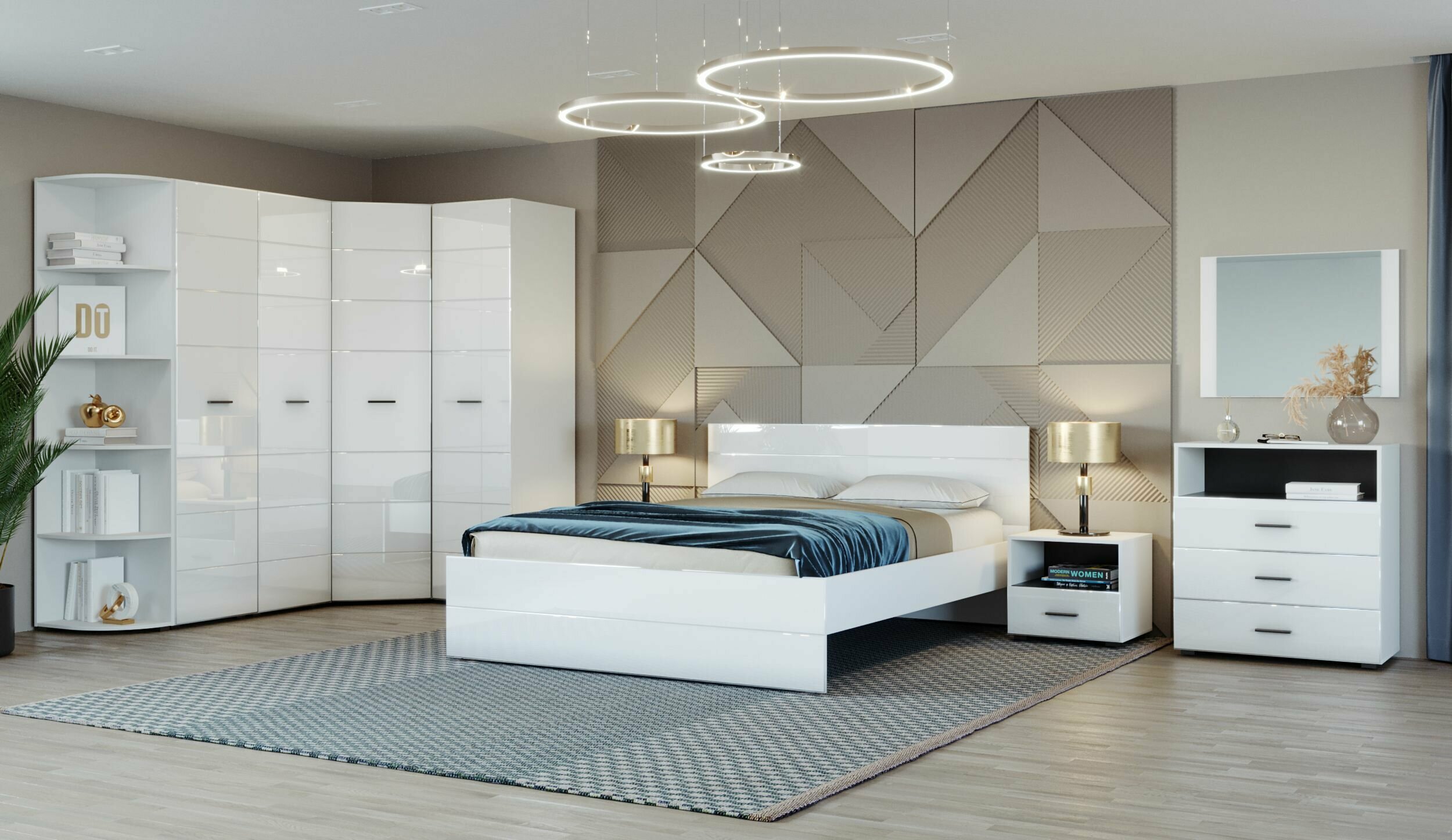 Комплект спальной мебели GLOSS 2 с угловым шкафом и кроватью 160х200 см, Белый глянец