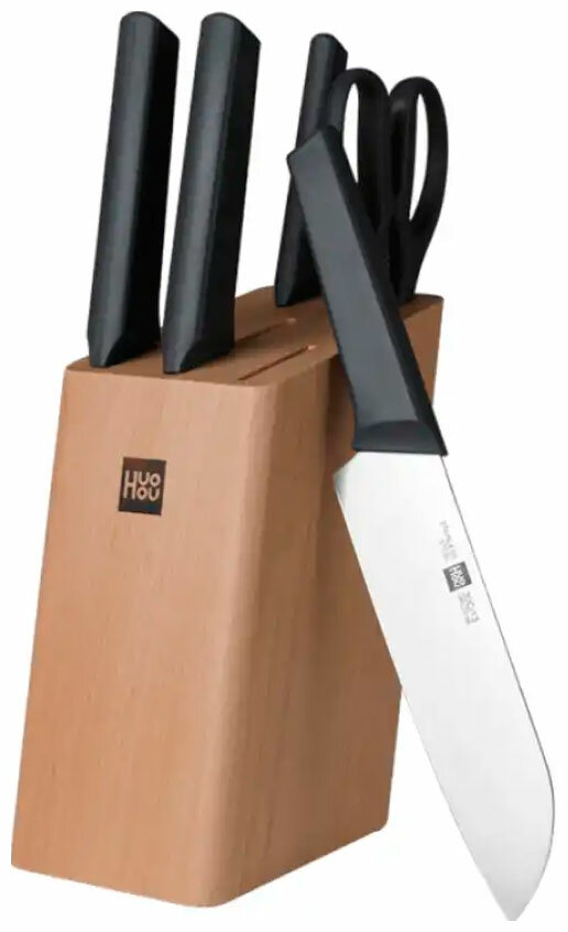 Набор стальных ножей (4 ножа ножницы деревянная подставка из бука) Huo Hou 6-Piece Kitchen Knife Set Lite (HU0057) черный