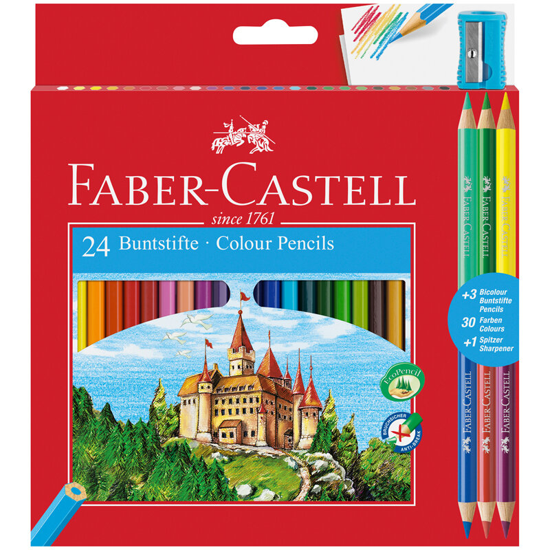 Карандаши цветные Faber-Castell, 24цв.+4, заточен., картон, европодвес, с точилкой, 1 шт