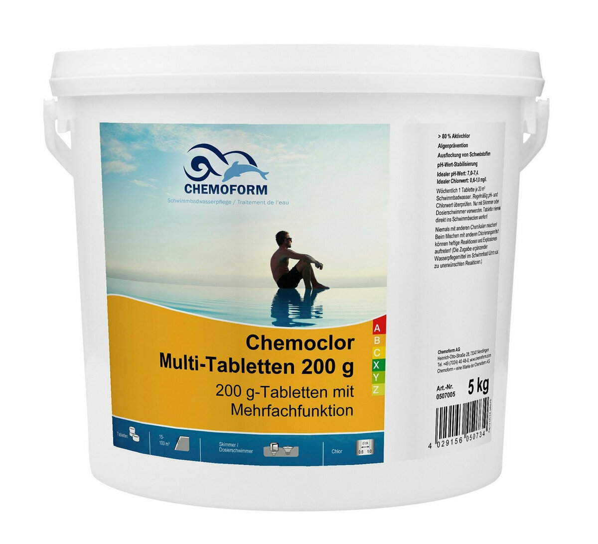 Всё в одном: хлорные мульти - таблетки для бассейна по 200 г в ведре 5 кг. Chemoform (кемоформ)