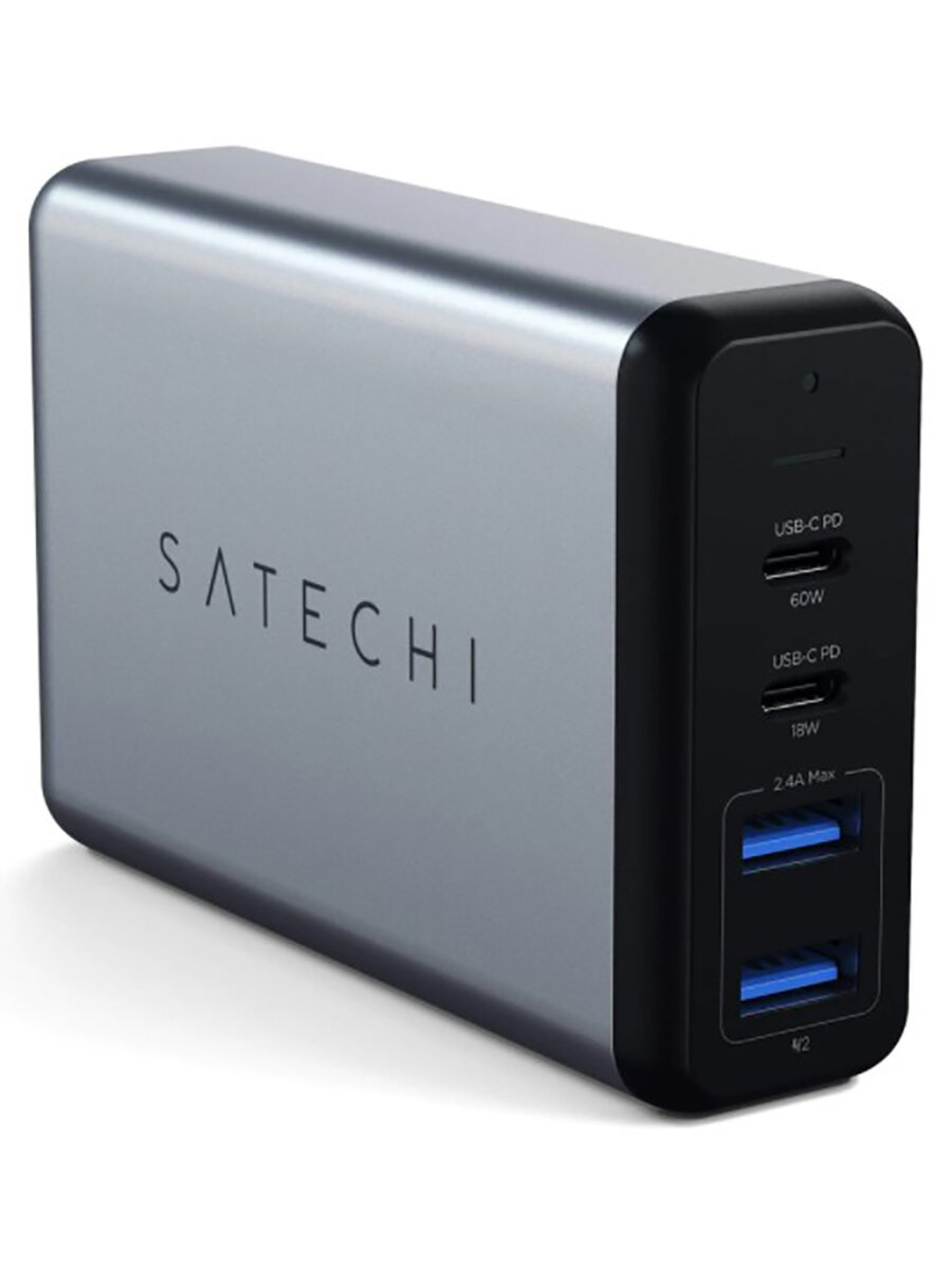 Сетевое зарядное устройство Satechi 75W Dual Type-C Travel Charger, 2xUSB, 2xUSB Type-C (PD), Серебристый ST-MC2TCAM
