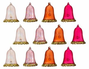 Набор стеклянных колокольчиков JINGLE BELLS, нежно-розовый, янтарный, магнолия и розовый бархат, 8.3 см (упаковка 12 шт.), Kaemingk (Decoris)