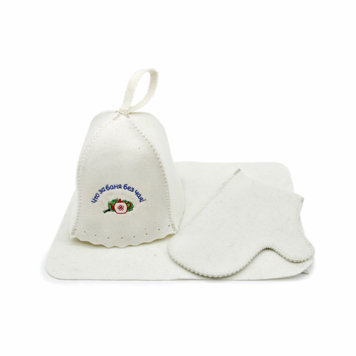 Набор для бани из 3-х предметов: шапка «колокольчик» с вышивкой «Что за баня без чая» коврик рукавица