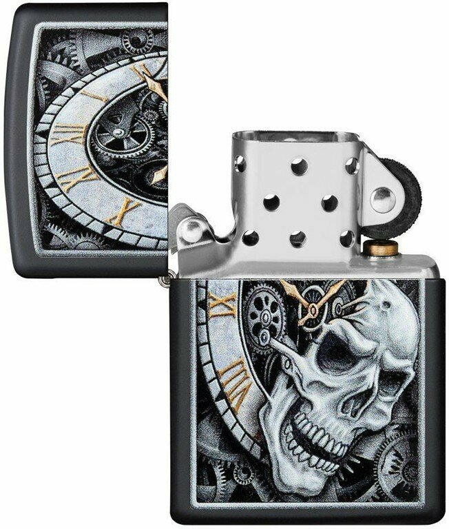 Зажигалка ZIPPO Skull Clock с покрытием Black Matte, латунь/сталь, чёрная, матовая, 38x13x57 мм - фотография № 3