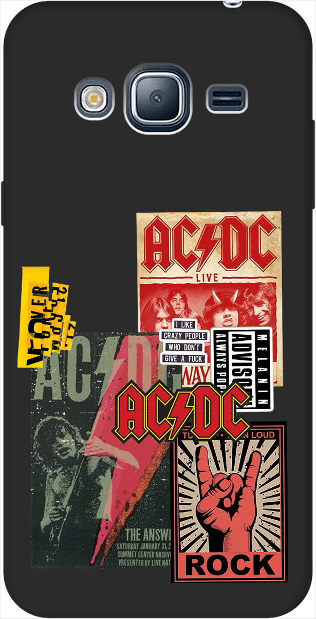 Матовый чехол AC/DC Stickers для Samsung Galaxy J3 (2016) / Самсунг Джей 3 2016 с 3D эффектом черный