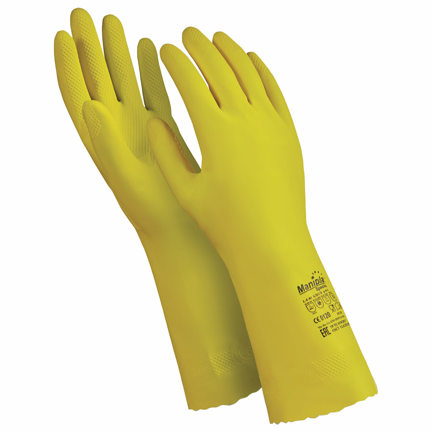 Комплект 3 шт. Перчатки латексные MANIPULA Блеск, хлопчатобумажное напыление, размер 9-9,5 (L), желтые, L-F-01 - фотография № 1