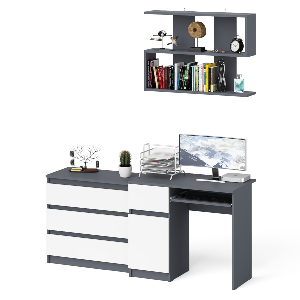 фото Стол компьютерный Мори МС-1 левый + Комод МК800.1 + Полка 900, цвет графит/белый