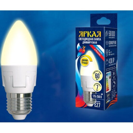 Светодиодная лампа Uniel LED-C37 7W/3000K/E27/FR/DIM PLP01WH диммируемая. Форма «свеча», матовая. Серия Яркая. Теплый белый свет (3000K). Картон. ТМ .