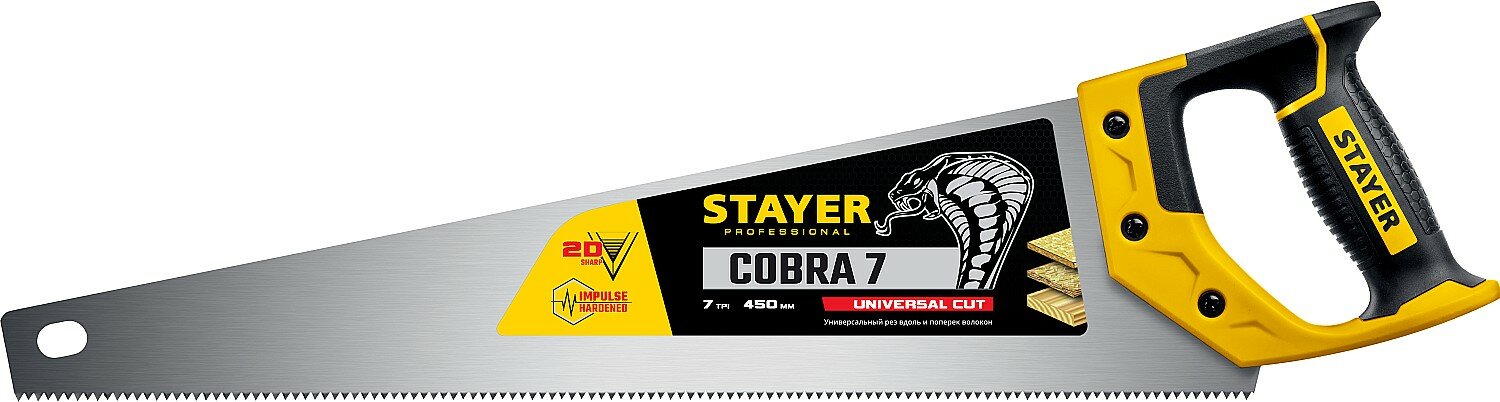 STAYER Ножовка универсальная (пила) STAYER "Cobra 7" 450 мм, 7 TPI, рез вдоль и поперек волокон 1510-45_z02