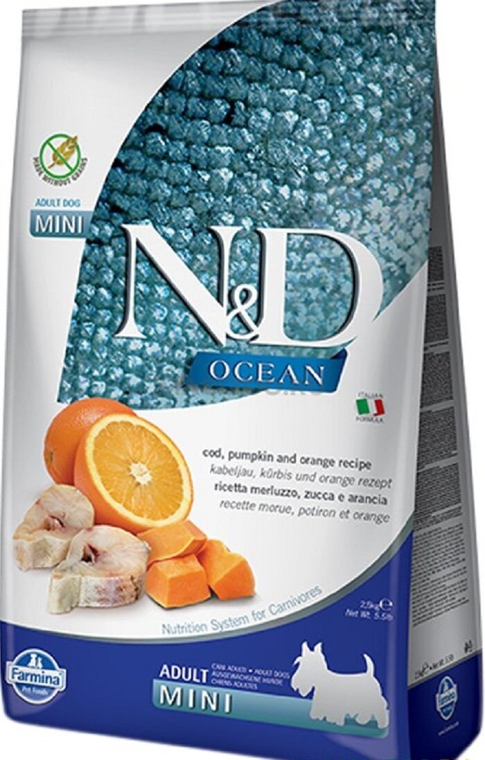 Сухой беззерновой корм для собак мелких пород Farmina N&D Ocean Codfish Pumkin&Orange Adult Mini с треской, тыквой и апельсином 2,5 кг.