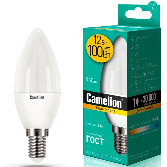 Лампа светодиодная свеча 12W E14 3000K Camelion 13687