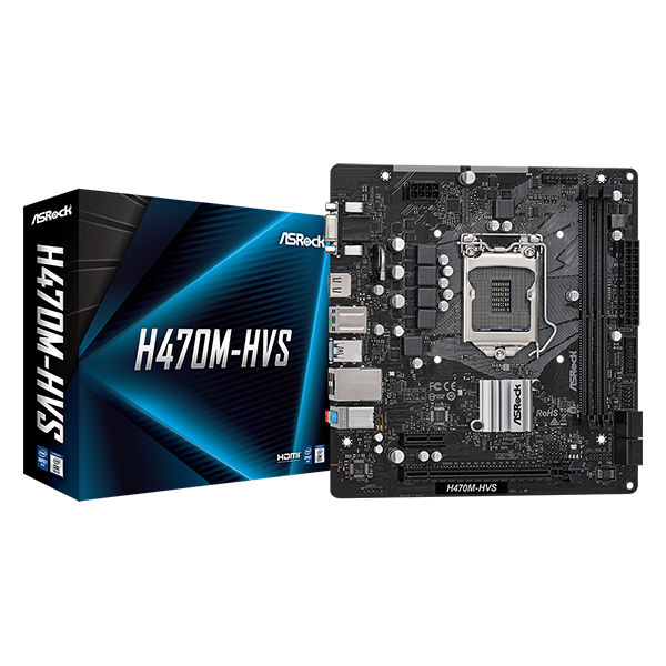 Материнская плата ASRock H470M-HVS/ H470M-HVS R2.0 LGA1200, H470, 2*DDR4, D-Sub+HDMI, 4xSATA3 6.0, 2xUSB 3.2, 4xUSB 2.0, mATX