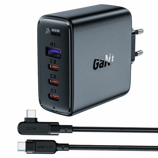 Зарядное устройство сетевое ACEFAST PD100W GaN (3*USB-C+USB-A) charger set (EU). Цвет: черный - фото №1
