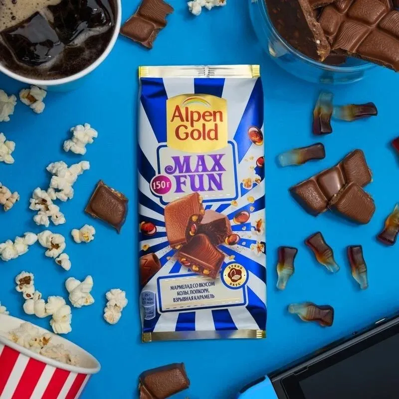 Шоколад молочный Alpen Gold Max Fun Мармелад со вкусом колы, попкорн и взрывная карамель 150 г - фотография № 3