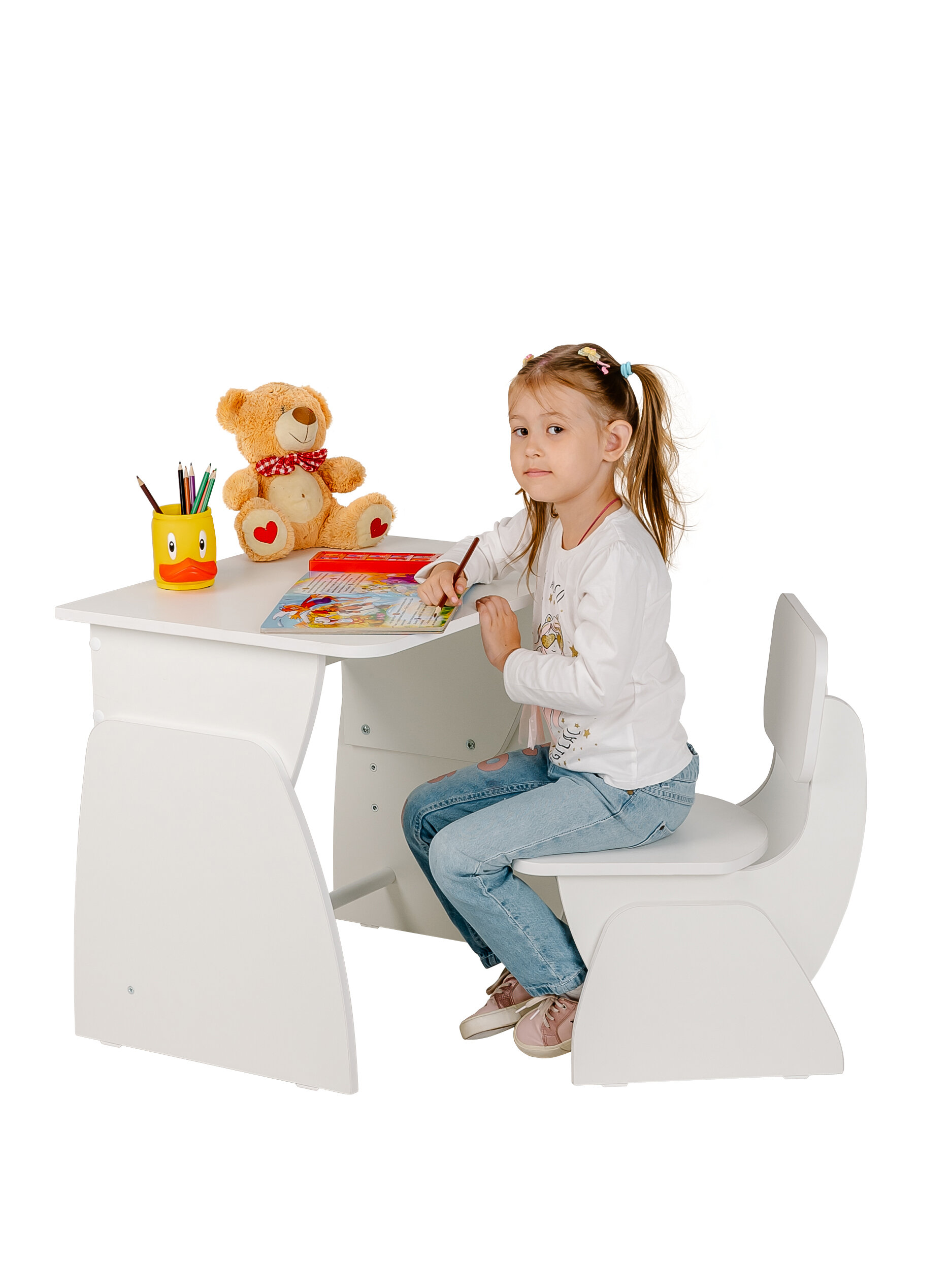 Комплект Астек-Элара Первый стол и стул без надстройки белый с белыми вставками - фотография № 1