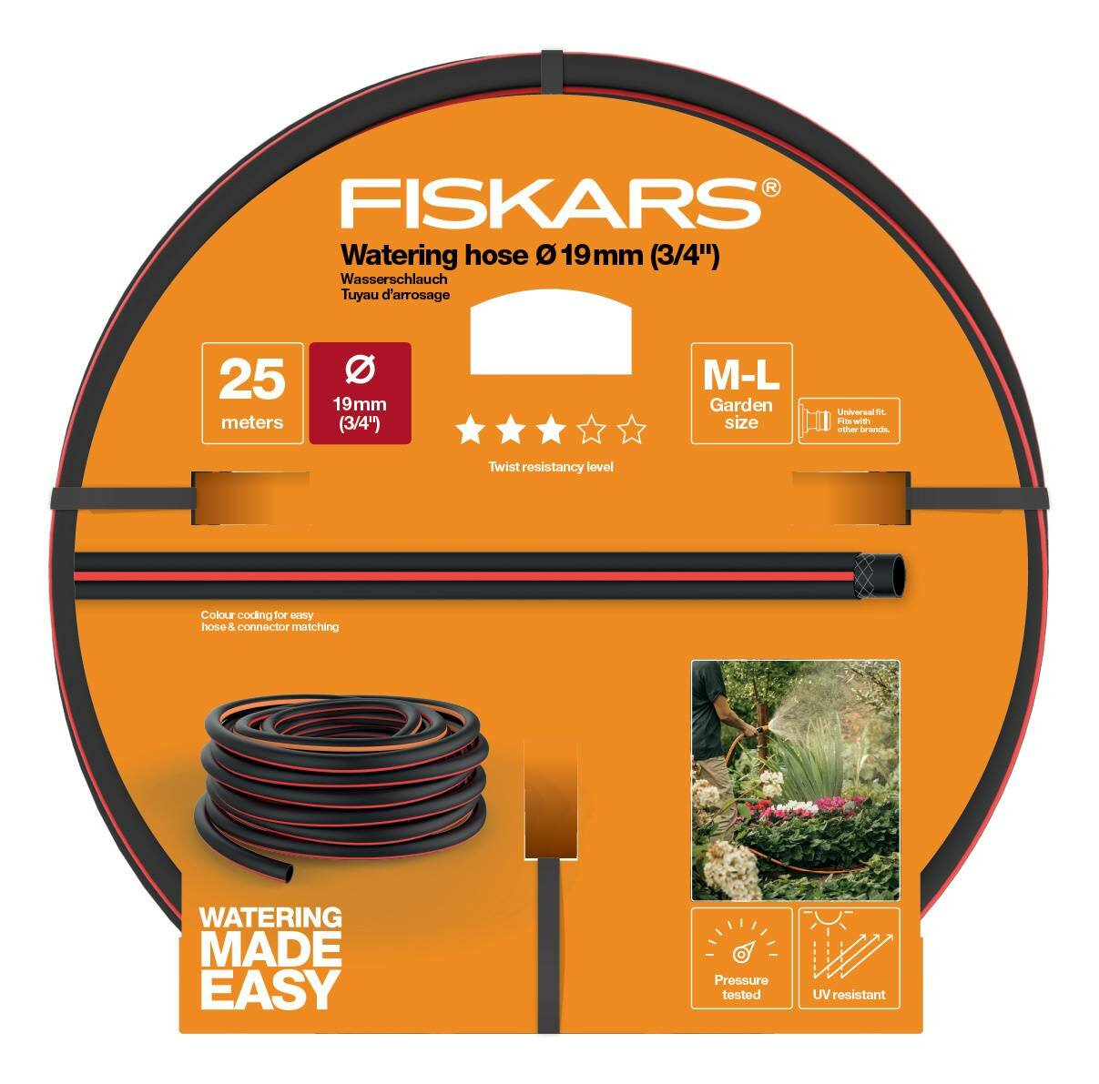 Шланг Fiskars 1027100 3/4" 25м поливочный армированный черный/красный