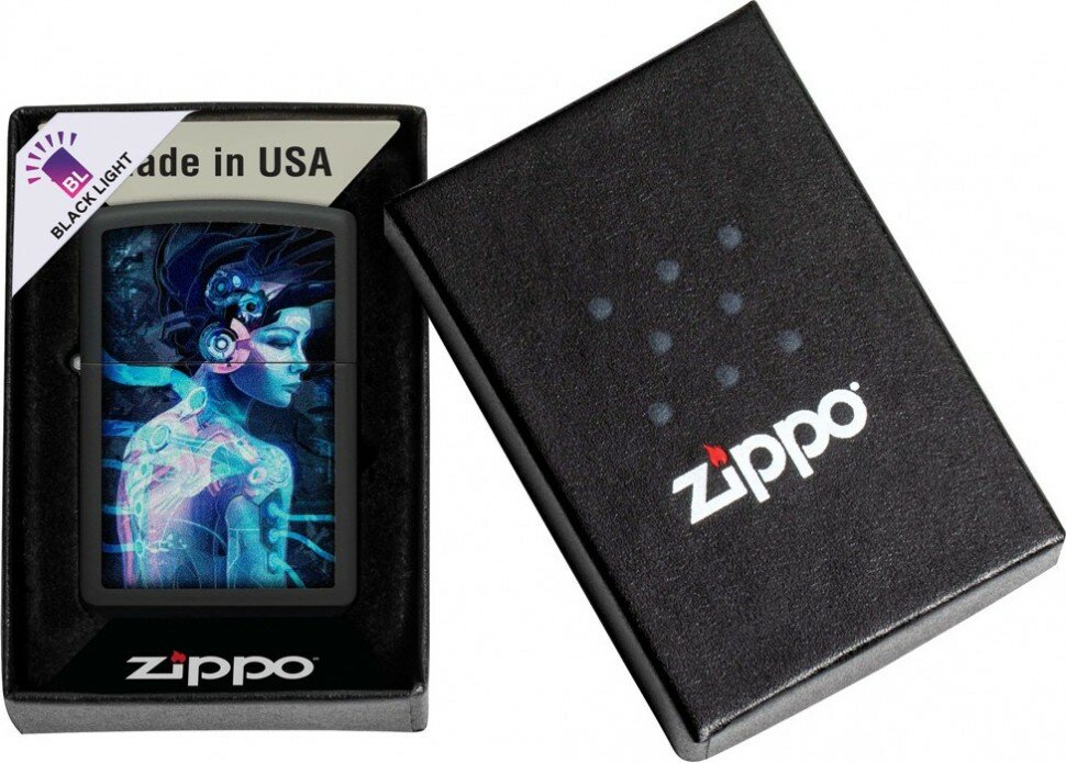 Зажигалка ZIPPO Cyborg Woman с покрытием Black Light, латунь/сталь, черная, матовая 38x13x57 мм - фотография № 4