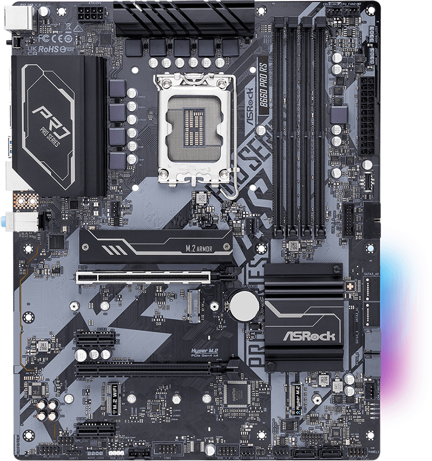 Материнская плата ASRock B660 Pro RS Socket 1700, Intel B660, 4xDDR4, PCI-E 4.0, 4xUSB 3.2 Gen1, HDMI, DisplayPort, подсветка, ATX