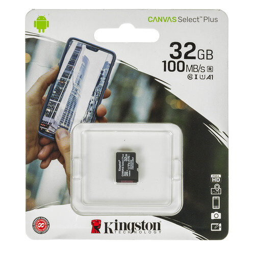 Карта памяти microSDHC UHS-I U1 Kingston Canvas Select Plus 32 ГБ, 100 МБ/с, Class 10, SDCS2/32GBSP, 1 шт., переходник без адаптера