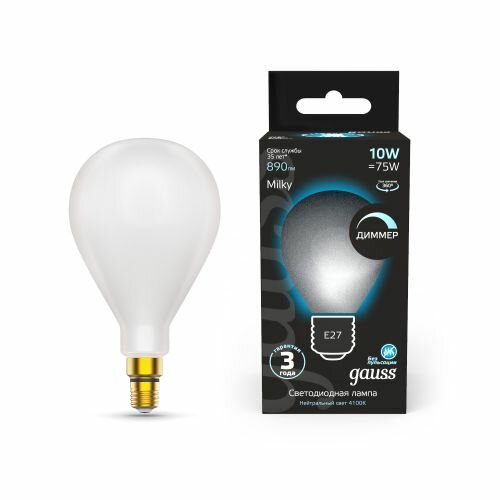 Светодиодная лампа Gauss Filament А160 10W 890lm 4100К Е27 milky диммируемая LED 1/6