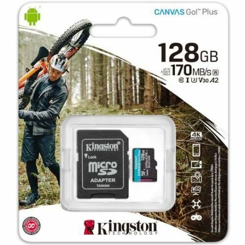 Карта памяти microSDXC Kingston 128 Гб класс 10 UHS-I U3 V30 Canvas GO Plus A2 - с адаптером SD