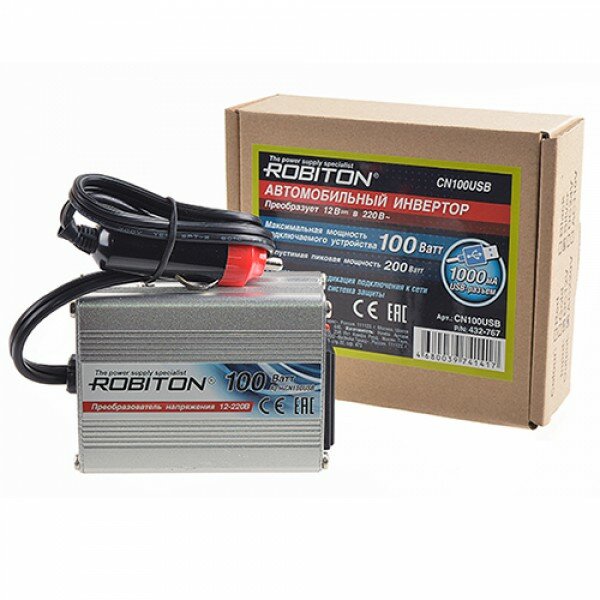 Инвертор автомобильный 12-220В ROBITON CN100USB 100Вт с выходом USB на 1 розетку модифицированная синусоида Robiton 1991-02