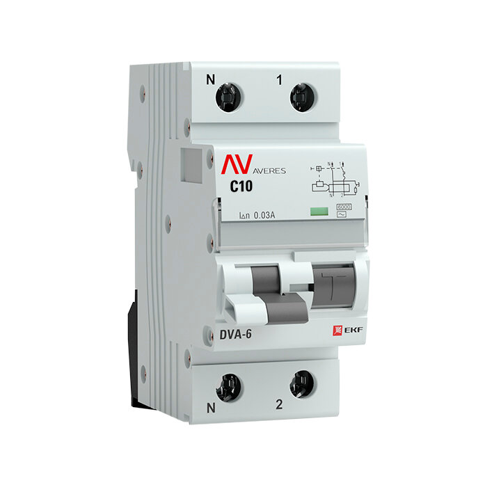 rcbo6-1pn-10C-30-ac-av Дифференциальный автоматический выключатель EKF Averes DVA-6 1П+N 10А 30мА, тип AC, 6кА, C