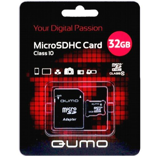 Карта памяти microSDHC Qumo 32 Гб класс 10 FULL HD 1080 Video - с адаптером SD