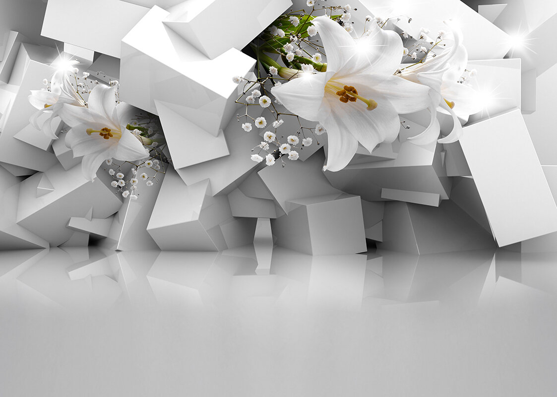 Моющиеся виниловые фотообои Лилия и белые кубы 3D, 211х150 см