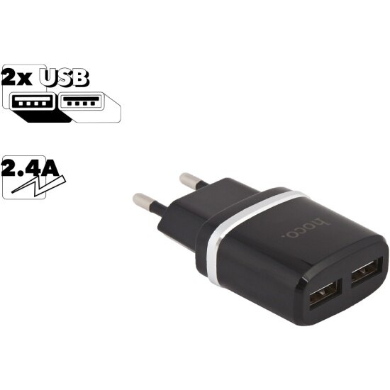 Сетевое зарядное устройство HOCO C12 Smart 2xUSB, 2.4A, черный