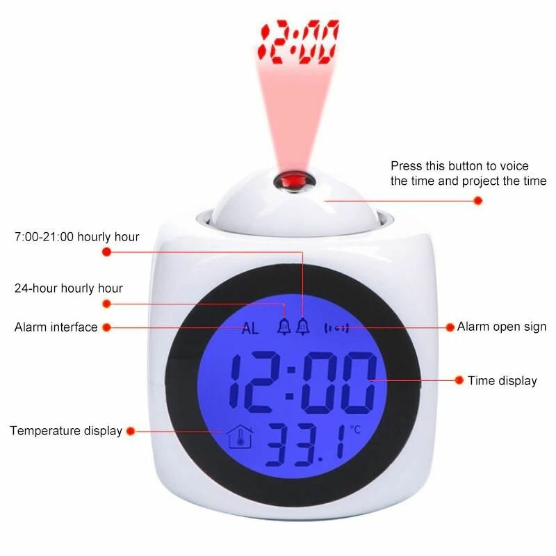 Светодиодные часы с ЖК-дисплеем, будильником и проектором Черный - фотография № 7