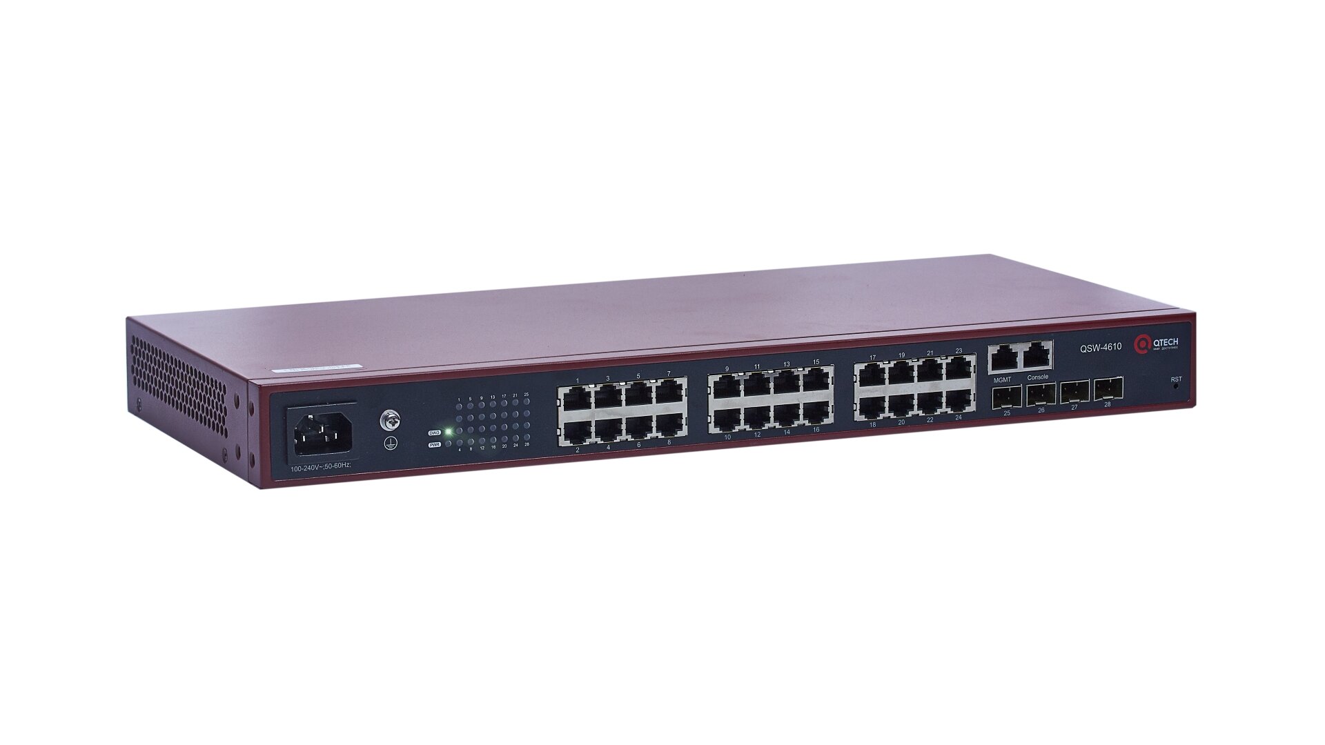 Управляемый стекируемый коммутатор уровня L2+ Qtech QSW-4610-28TX-AC, 24 порта 10/100/1000BASE-T, 4 порта 10GbE SFP+, 4K VLAN, 16K MAC адресов, консольный порт, порт управления MGMT, встроенный БП разъем питания на передней панели