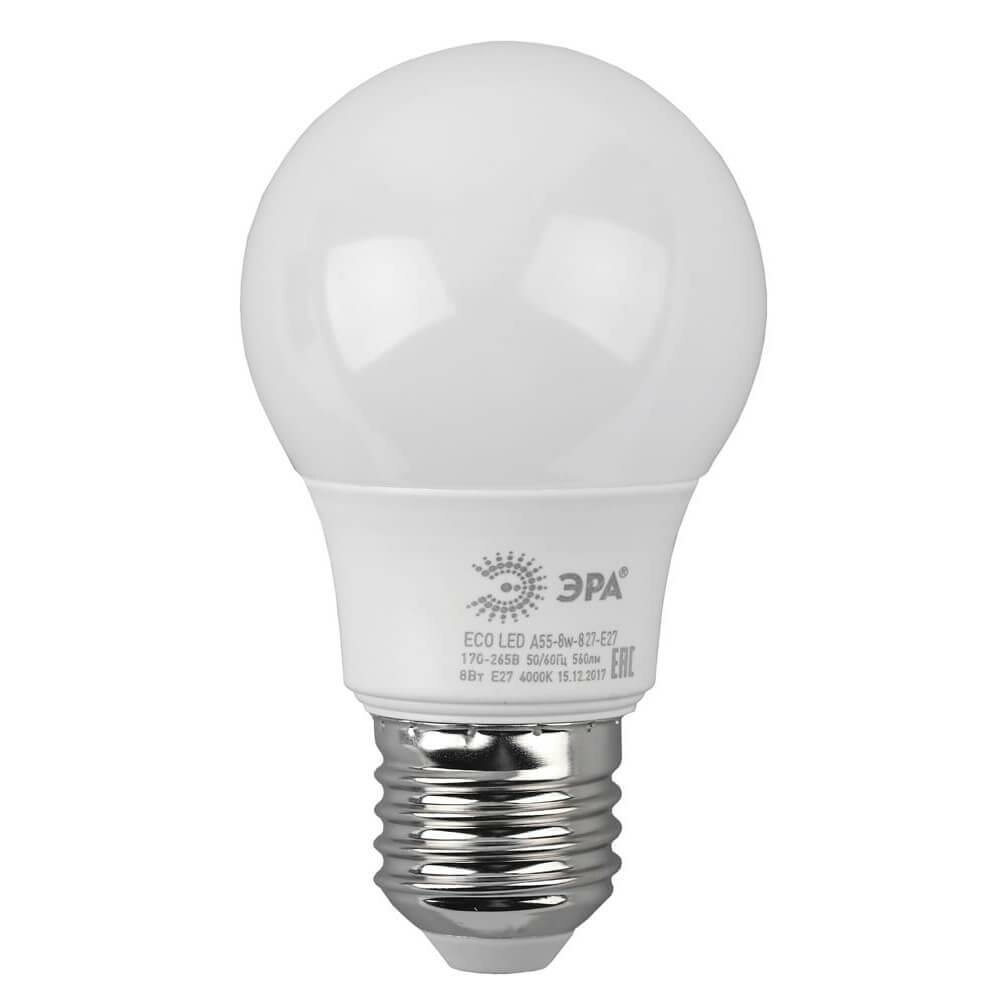 ЭРА Лампа светодиодная ЭРА E27 8W 2700K матовая ECO LED A55-8W-827-E27 Б0032095