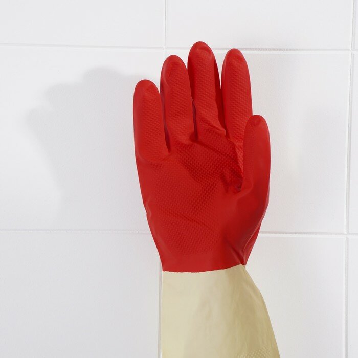 Перчатки хозяйственные резиновые Доляна, размер L, плотные, 50 гр, цвет красный - фотография № 5