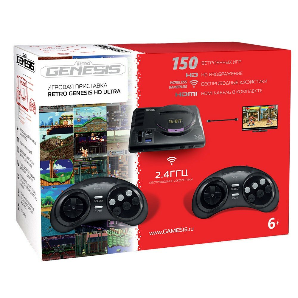 Sega Retro Genesis HD Ultra + 150 игр 2 беспроводных 2.4ГГц джойстика, HDMI кабель ConSkDn70 611416