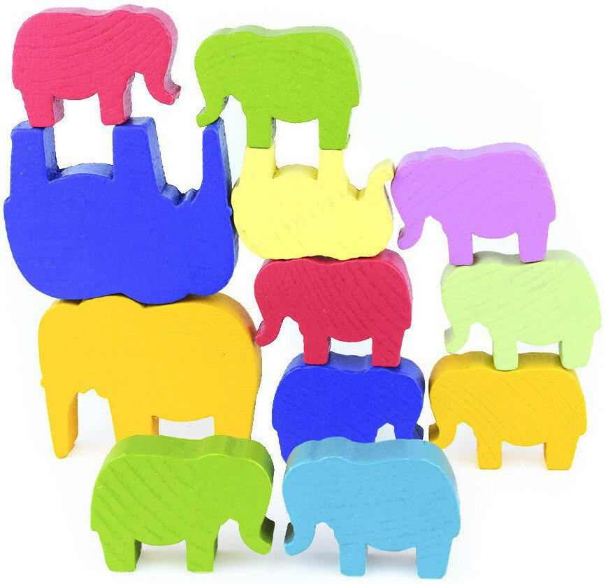 Логический набор Томик "Учимся играя: Строим. Слоны", игровой набор из 12 деталей-фигур, деревянный конструктор-балансир