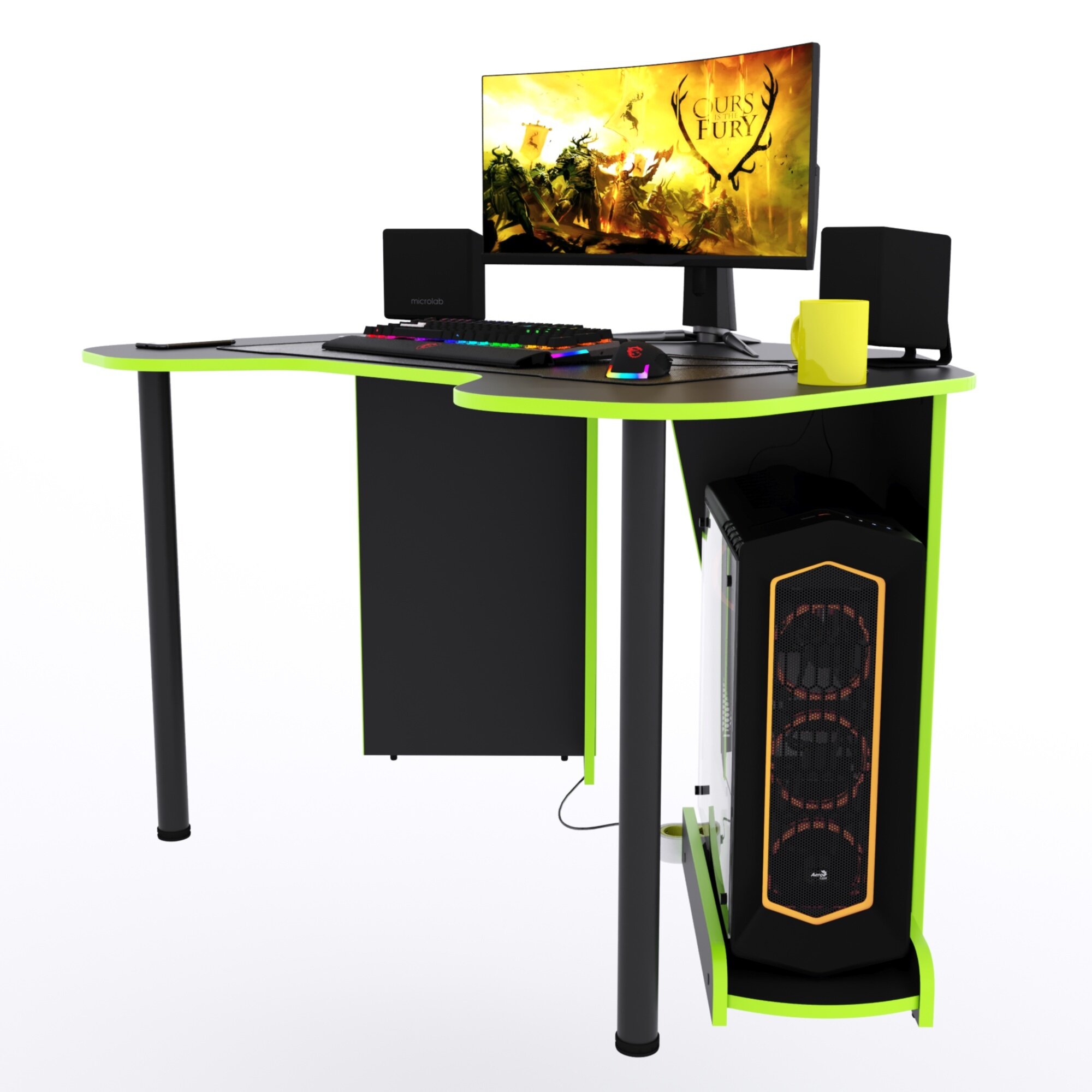Угловой компьютерный стол "Угол" c подставкой для ПК, 140x87x75 см, чёрный с зелёной кромкой - фотография № 4