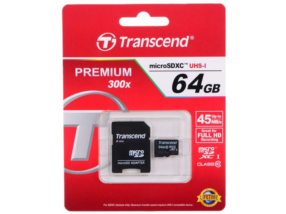 Карта памяти MicroSDXC 64GB Transcend UHS-I U1 + SD Adapter (TS64GUSDXC10)