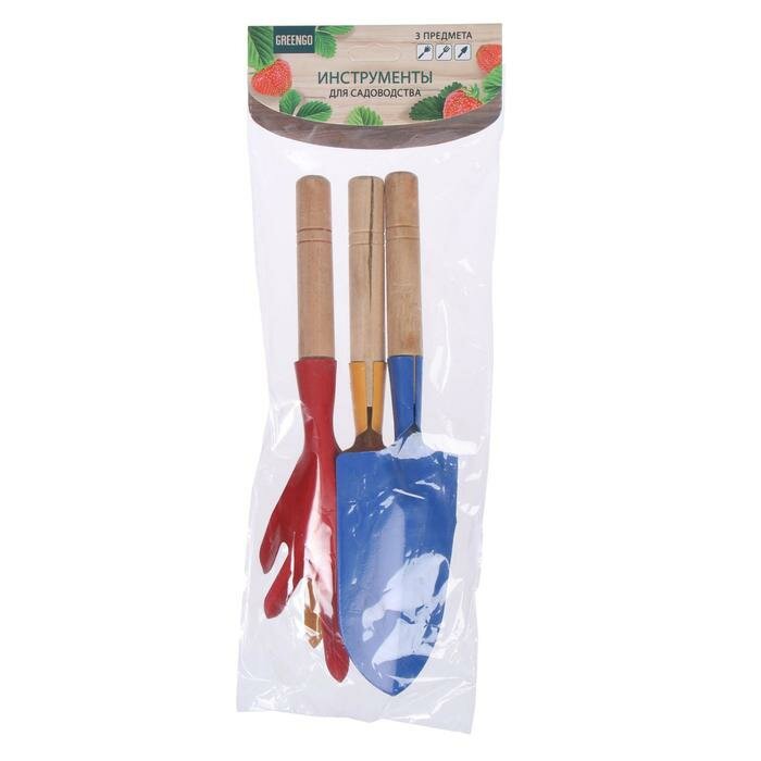 Greengo Набор садового инструмента, 3 предмета: совок, рыхлитель, вилка, длина 28 см, деревянные ручки - фотография № 8