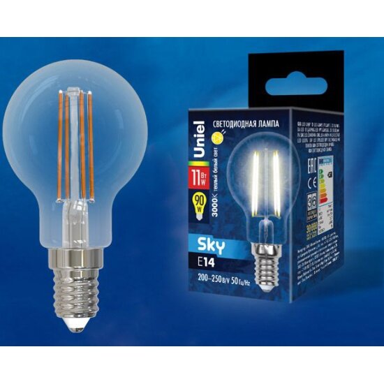 Светодиодная лампа Uniel LED-G45-11W/3000K/E14/CL PLS02WH Форма "шар", прозрачная. Серия Sky. Теплый белый свет (3000К). Картон. ТМ .